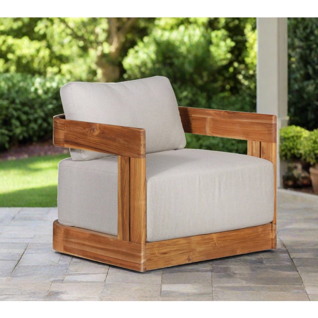 Paradiso Outdoor Solid Teak Swivel Chair - Gray Fabric For Sale - Image 11 of 11