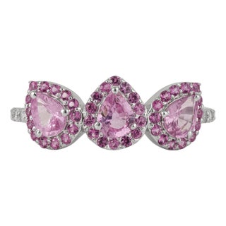 Carat&Her Lotus Three Stone Pink Sapphire Halo Ring in Sterling Silver - Birthday Gift, Size 7 For Sale