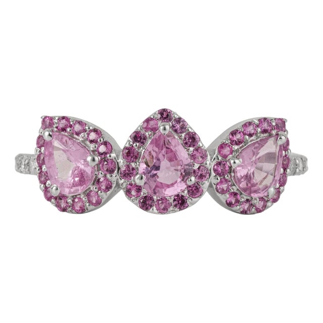 Carat&Her Lotus Three Stone Pink Sapphire Halo Ring in Sterling Silver - Birthday Gift, Size 7 For Sale