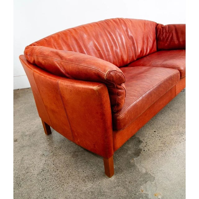 Mid 20th Century Danish Modern Sofa Couch Rust Red Leather 3 Seat Denmark MCM For Sale - Image 10 of 11
