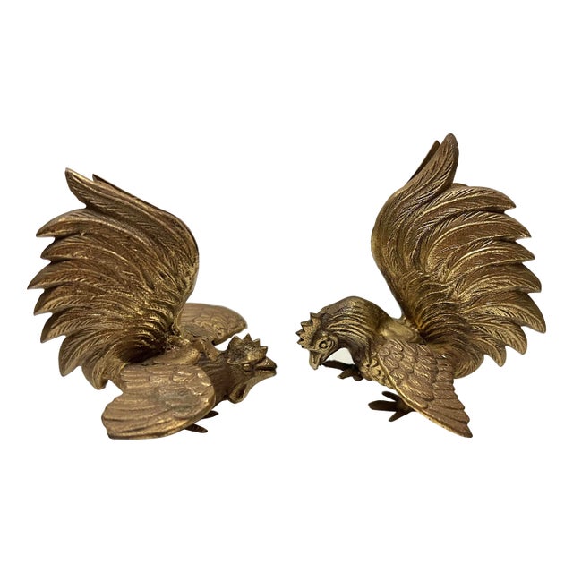 Mid 20th Century Brass Fighting Cocks From Japan Set of 2 For Sale