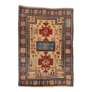 Vintage Persian Caucasian Beige Handmade Geometric Wool Rug