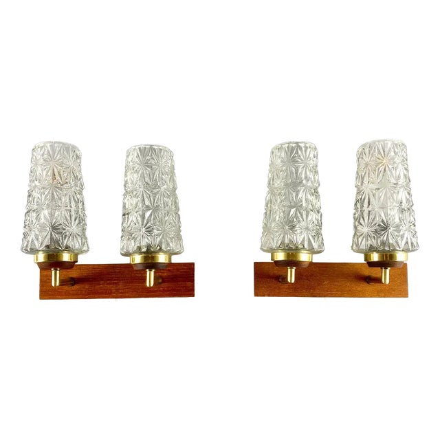 Double Arm Wall Lights with Cylindrical Glass Shades and Wooden Bases, Germany, Set of 2 For Sale