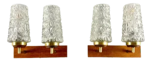 Double Arm Wall Lights with Cylindrical Glass Shades and Wooden Bases, Germany, Set of 2
