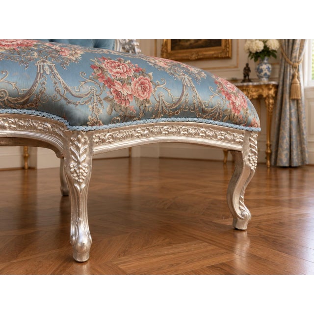 1970s French Artisan Louis XVI Silver Blue Settee For Sale - Image 4 of 18