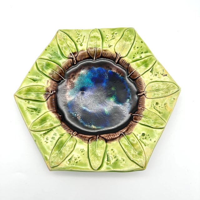 Contemporary Early 21st Century Studio Pottery Sage Leaves Hexagon Majolica Decorative Plate in Green & Blue For Sale - Image 3 of 8
