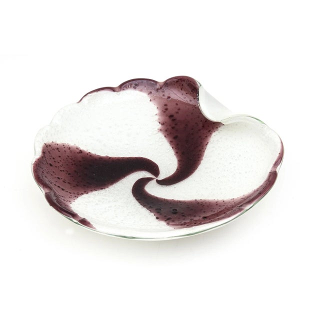 This lovely Italian Murano Seguso hand blown glass bowl is swirls of purple against the white case. There is silver foil...