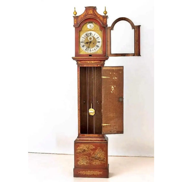 Traditional 18th Century George II Scarlet Red Lacquer Chinoiserie Tall Clock For Sale - Image 3 of 6