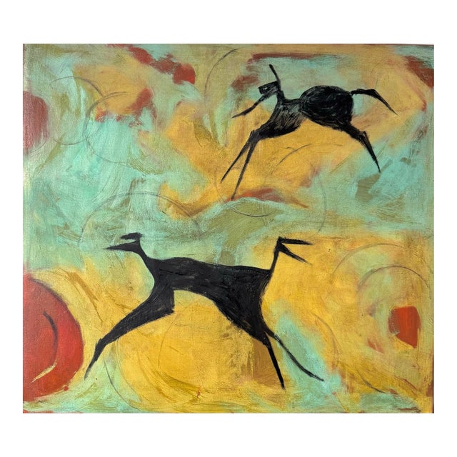 Oil Abstract Painting Primitive Style Wall Art Modern Neutral Home Decor Contemporary Oil With Black Silhouettes Unique Interior by Art For Sale