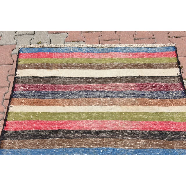 1960s Bohemian Style Turkish Striped Design Colorful Wool Oushak Kilim Rug For Sale - Image 10 of 12