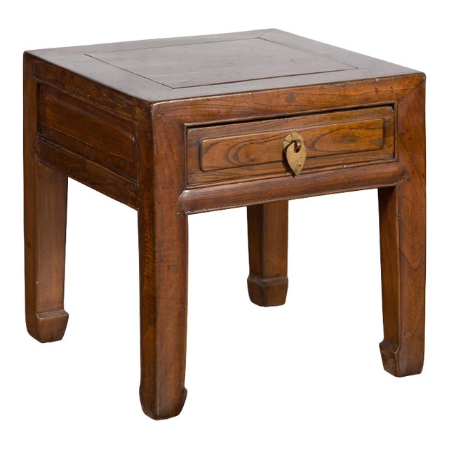 Chinese Qing Dynasty 19th Century Elm Side Table with Single Drawer For Sale