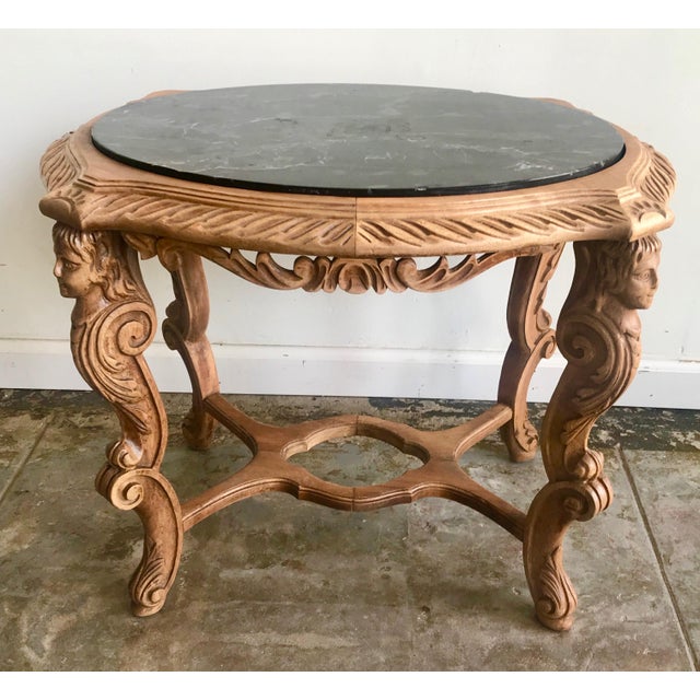 20th Century French Ornate Carved Wood Black Marble Top Side Table Chairish