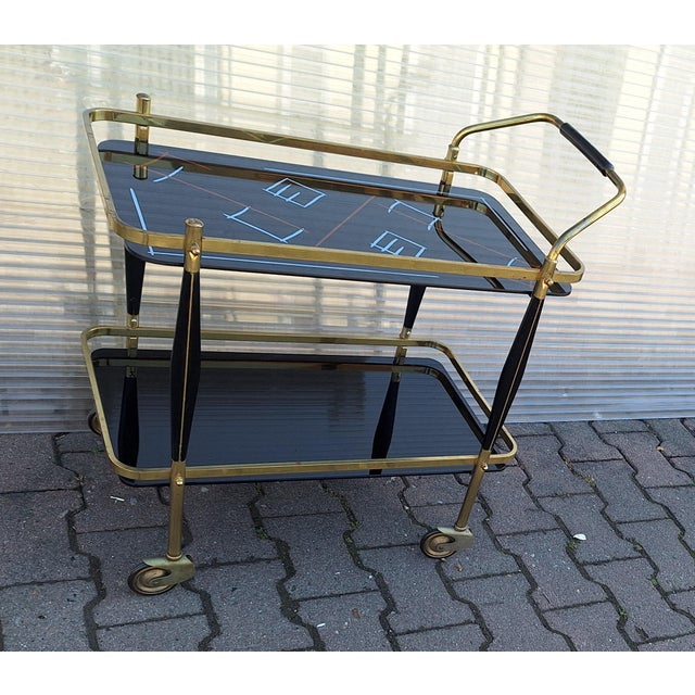 Mid-Century German Tea Trolley with Brass Frame and Black Glass Shelves, 1960s For Sale - Image 4 of 13