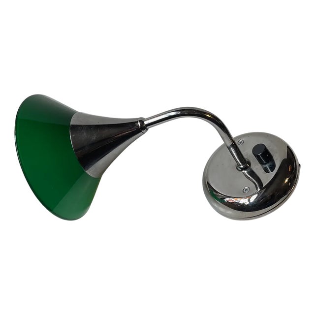 Vintage Danish Chrome Up-Light Wall Sconce with Green Glass Shade, 1980s For Sale