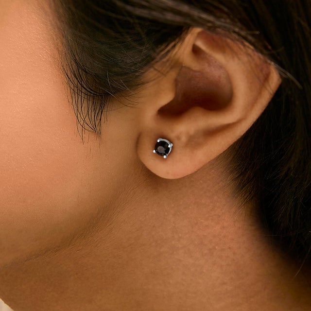 Early 21st Century .925 Sterling Silver 1.00 Cttw Round Brilliant-Cut Black Diamond Classic 4-Prong Stud Earrings with Screw Backs (Fancy Color-Enhanced, I2-I3 Clarity) For Sale - Image 5 of 6
