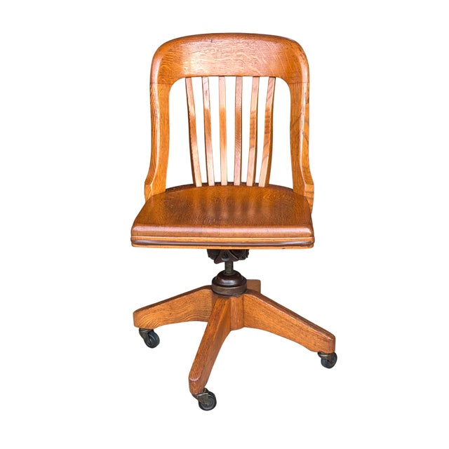 American Antique B.L.Marble Chair Co. Golden Oak Swivel Desk Chair | Quarter-Sawn Oak Banker’s Chair | Early American Library & Office Chair For Sale - Image 3 of 13