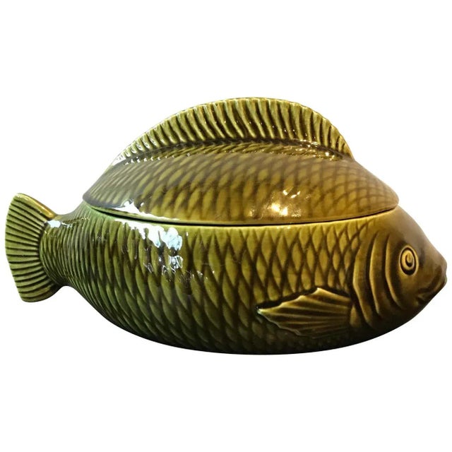 French Green Majolica Fish Tureen by Sarreguemines For Sale - Image 11 of 11