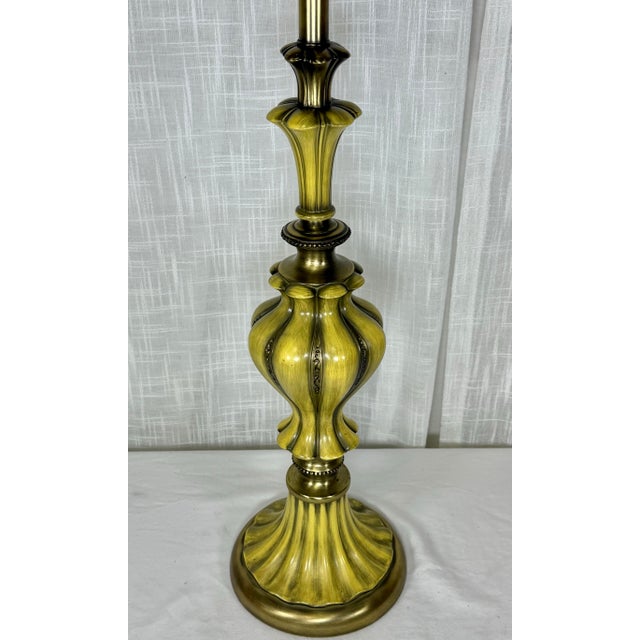 Stunning Vintage Hollywood Regency Brass & Saffron Yellow Torchiere Table Lamp For Sale In Mobile - Image 6 of 11