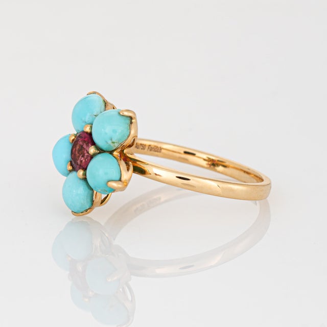 Turquoise Pink Tourmaline Flower Ring Sz 6.5 18k Yellow Gold Fine Jewelry For Sale - Image 4 of 7