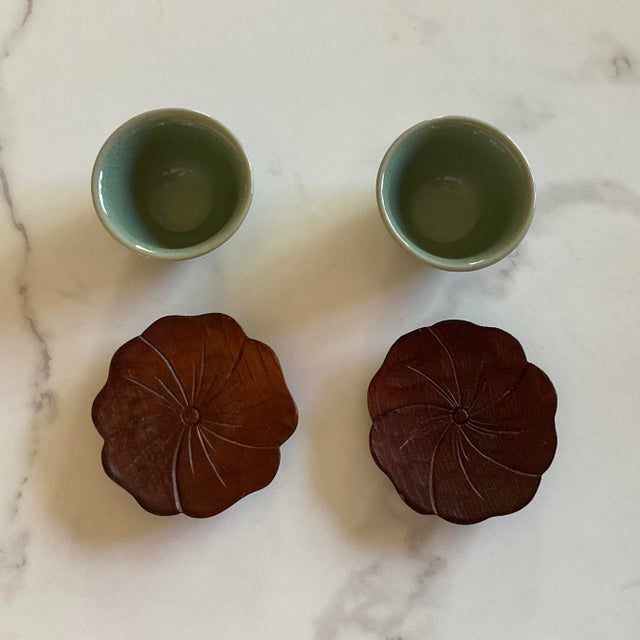 Blue Celadon Style Tea Cups With Wooden Coasters - 4pcs For Sale - Image 4 of 9