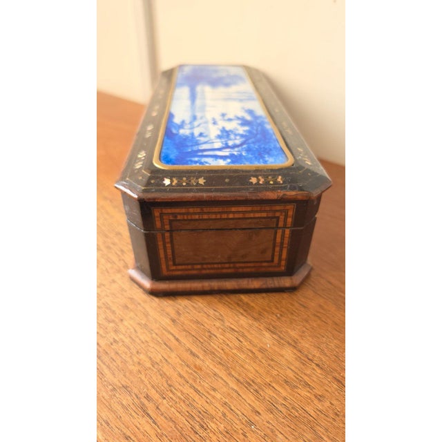 Antique Victorian Jewelry Box Blue Porcelain Landscape Inlay Mother of Pearl Marquetry Wood Trinket Casket For Sale - Image 9 of 14