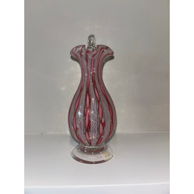 Murano Mid 20th Century Murano Pink & White Latticino Filigree Glass Pitcher & Vase - Set of 2 For Sale - Image 4 of 12
