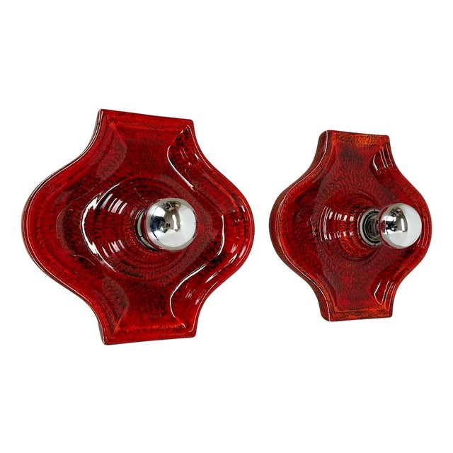 Red Ceramic Fat Lava Wall Lights attributed to Hustadt Lights, Germany, 1970s, Set of 2 For Sale