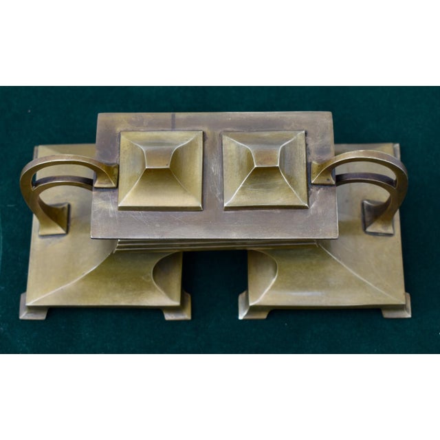 Antique (Early 20th Century 1900-1910) Ink Well has a Art Nouveau Style. Made of Bronze. It has a Dbl. Inkwell with...