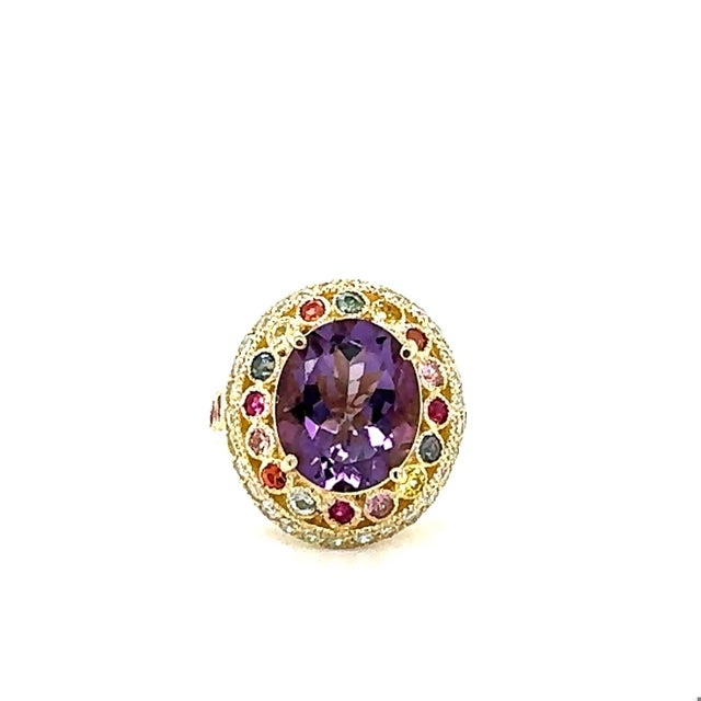 5.62 Carat Natural Amethyst Diamond Sapphire Yellow Gold Cocktail Ring, Size 7 For Sale - Image 4 of 8