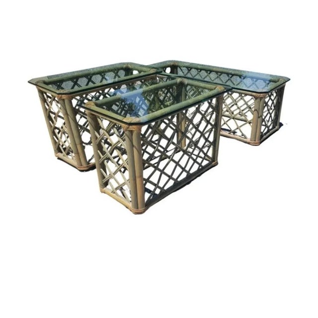 Vintage Jumbo Rattan Glass Top Coffee Table in Turquoise-Champaign Color For Sale In Washington DC - Image 6 of 7