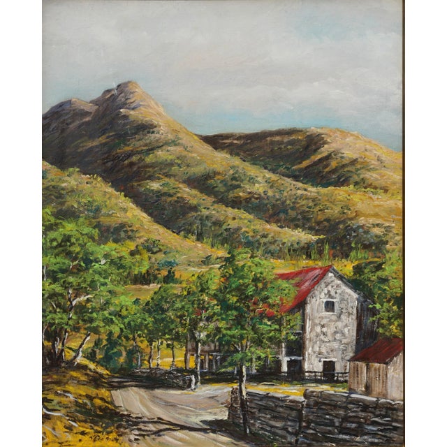 Wonderfully vivid mid century impressionist landscape of stone barn with red roof circa 1950s, by an unknown artist. The...