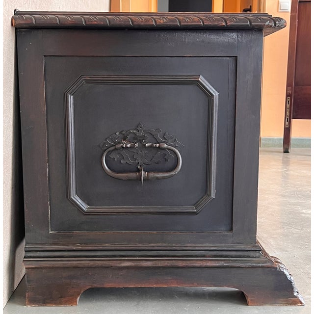 Black 18th Century Italian Carved Cassone Trunk With Inside Carved Raised Panel For Sale - Image 8 of 12