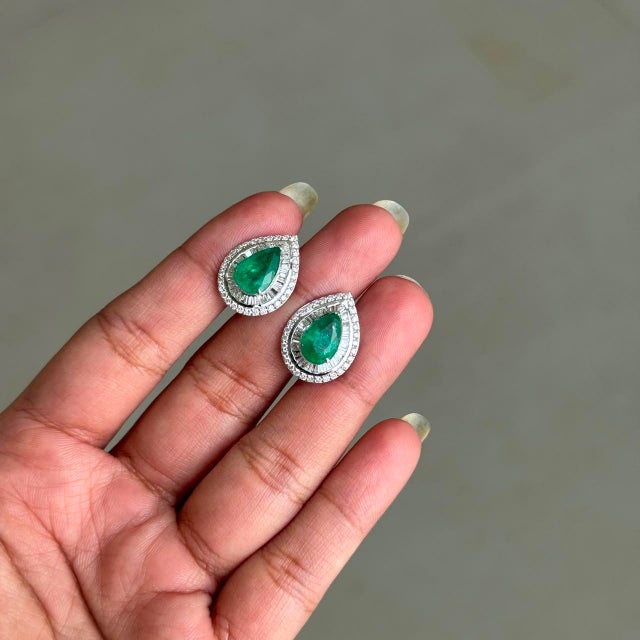 Art Deco 3.16ct Emerald & 1.2ct Diamond Double Halo Cluster Earrings in 18k White Gold- 2 Pieces For Sale - Image 3 of 17