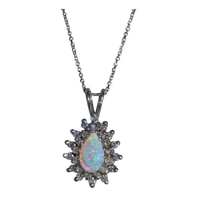 The Daleyza: Ladies 14K Pear Shaped Opal and Diamond Necklace For Sale