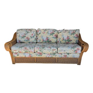 Vintage Rattan Three Seat Floral Print Sofa Sunroom, Veranda, Lanai, Covered Porch For Sale