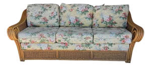 Vintage Rattan Three Seat Floral Print Sofa Sunroom, Veranda, Lanai, Covered Porch