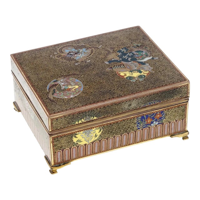 Late 19th Century Antique Japanese Cloisonne Enamel Meiji Box Dragon, Foo Dog, Phoenix Bird, Butterfly For Sale