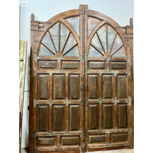 Mid-Century Modern Antique Brass-Clad Carved Entry Doors | Monumental Farmhouse Statement Doors 118x92 For Sale - Image 3 of 6