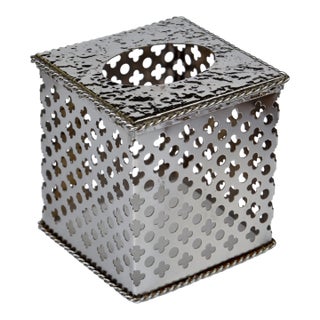 1980s Bohemian Handmade Embellished Cutout Steel Tissue Box Cover For Sale