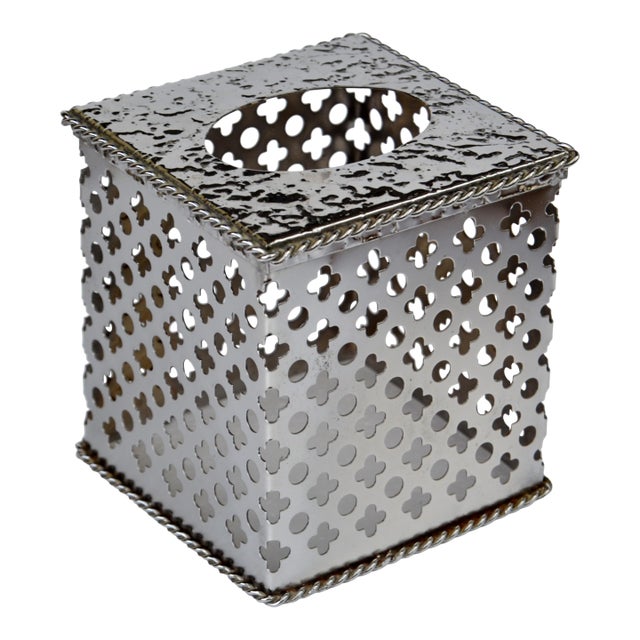 1980s Bohemian Handmade Embellished Cutout Steel Tissue Box Cover For Sale