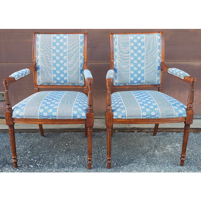 Sky Blue Late 20th Century Pair of French Directoire Style Carved Walnut and Upholstered Armchairs For Sale - Image 8 of 10