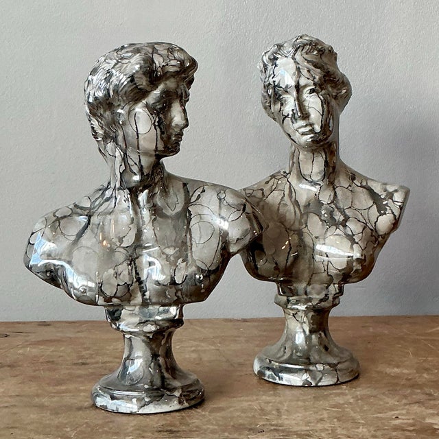Channel the dramatic flair of 1980s Postmodern design with this striking pair of vintage ceramic busts. Modeling classical...