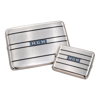 Fantastic Art Deco Engine Turned Sterling Silver Enamel Antique Cigarette Case and Vesta Tobacciana For Sale