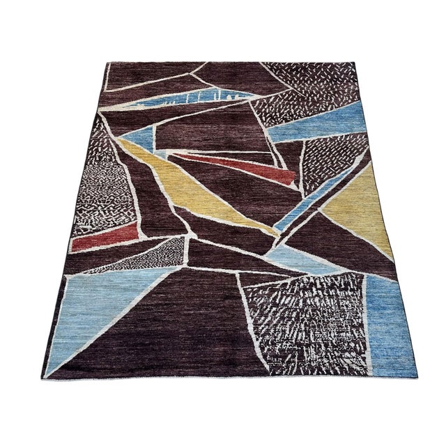 Abstract Modern Abstract Handmade Wool Rug in Burgundy and Blue For Sale - Image 3 of 8