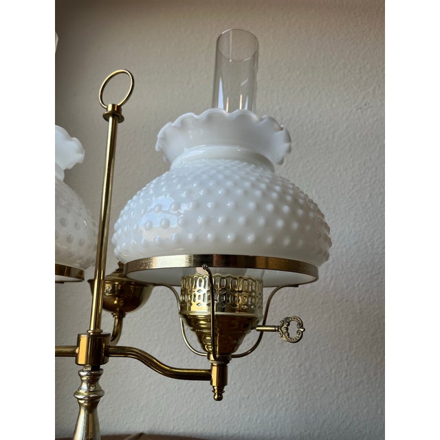 Vintage Milk Glass Double Arm, Double Globe Student Lamp Classic Fenton Hobnail For Sale In Dallas - Image 6 of 12