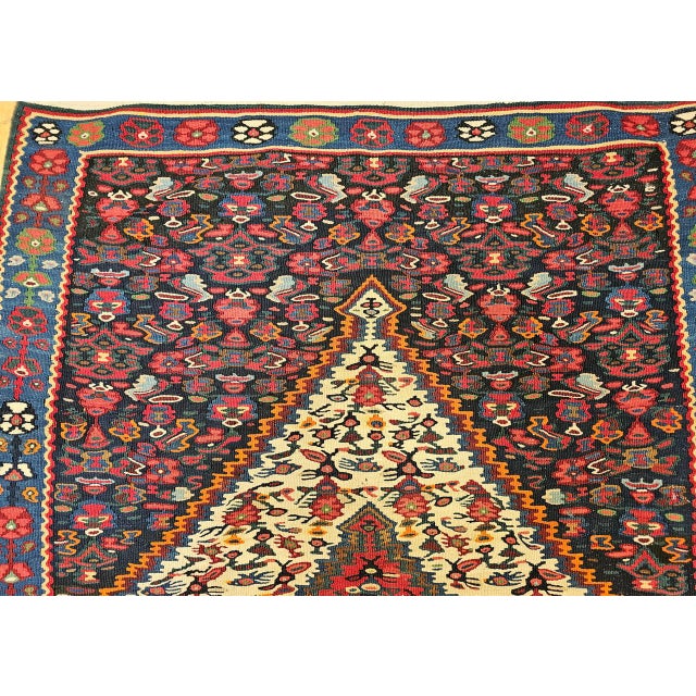 Vintage Senneh Kilim Rug, Handwoven Wool & Cotton, Medallion Pattern, Navy & Ivory, 4x6 For Sale - Image 9 of 16