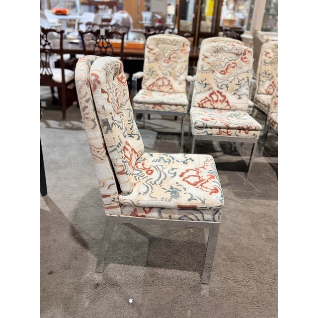 Milo Baughman Cream, Blue & Red Set of 8 Attributed to Milo Baughman Chrome MCM Dining Chairs For Sale - Image 4 of 8