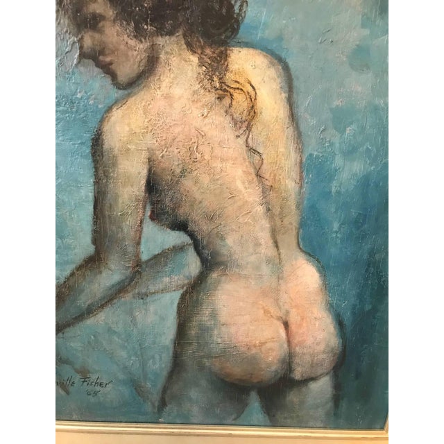Oil painting on board of a standing female nude in profile. Impressionist style, artist-signed and dated 1965 in a later...