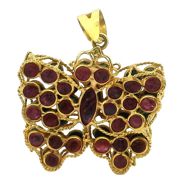 Vintage 18k Gold Ruby Sapphire Butterfly Pendant For Sale
