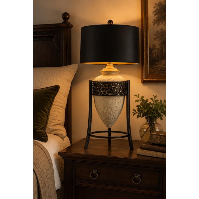 Contemporary Vintage Mediterranean Textured Ceramic Tripod Urn Lamp With Black & Gold Shade For Sale - Image 3 of 4